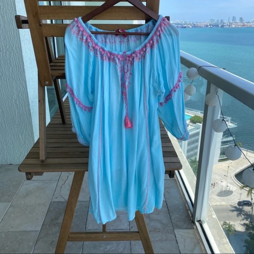Dress tunic‎ beach dress L embroidered tassels hippie Blue beachwear turquoise - Picture 2 of 3